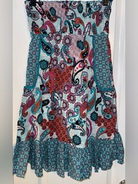 No Boundaries Paisley Strapless Dress/Skirt Blue Green Boho Y2K Size L